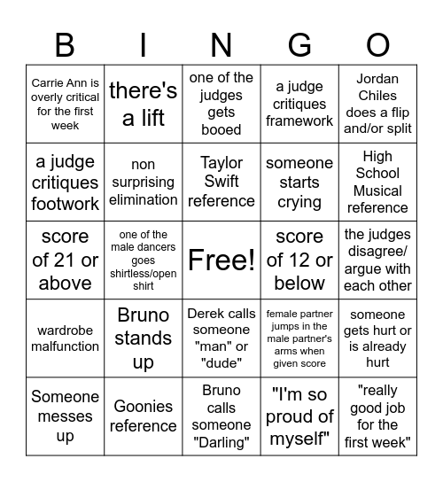 DWTS Season 34 Premiere Bingo Card