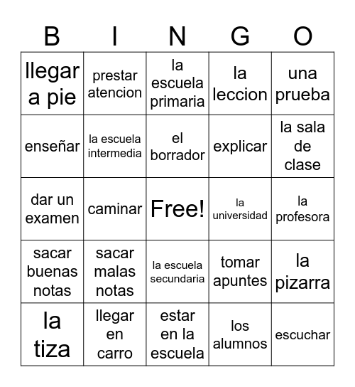 La escuela Bingo Card