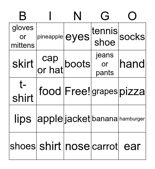 clothes, fruit, body Bingo Card