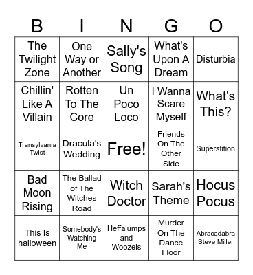 Halloween Songs Bingo Card
