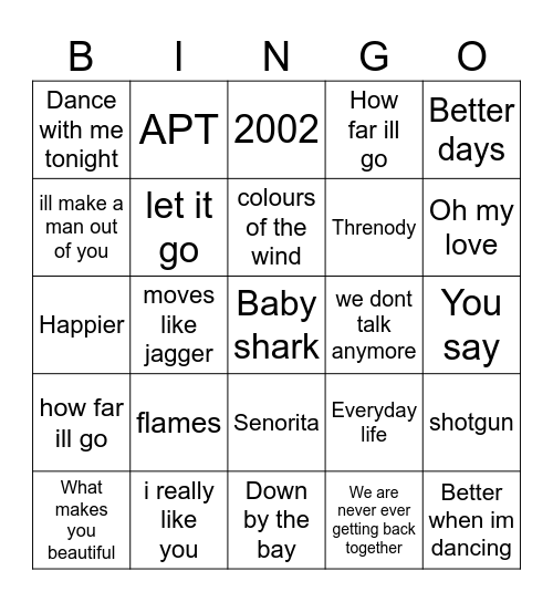 Family Musical Bingo Card