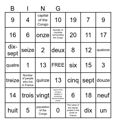 Numbers 0-20 Bingo Card