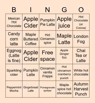 Fall Drinks Bingo Card
