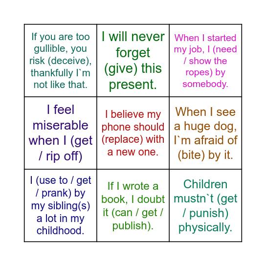 Passives (gerunds, infinitives, get) Bingo Card