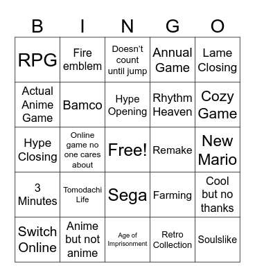 Nintendo Direct 9.12.25 Bingo Card