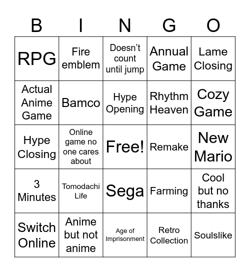 Nintendo Direct 9.12.25 Bingo Card