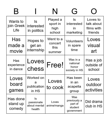 AFAM Activity Bingo Card