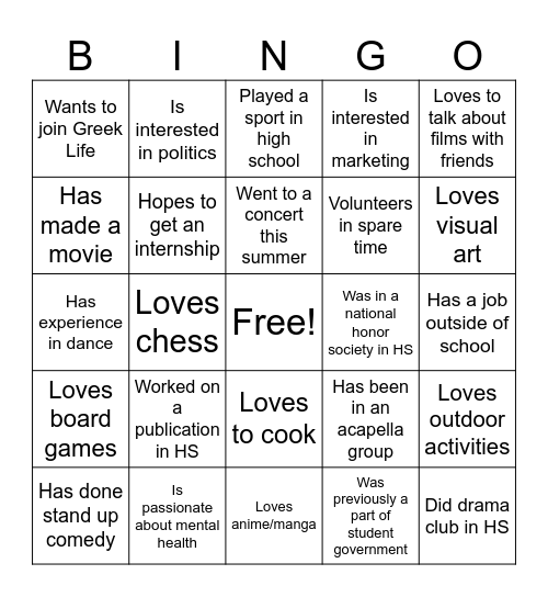 AFAM Activity Bingo Card