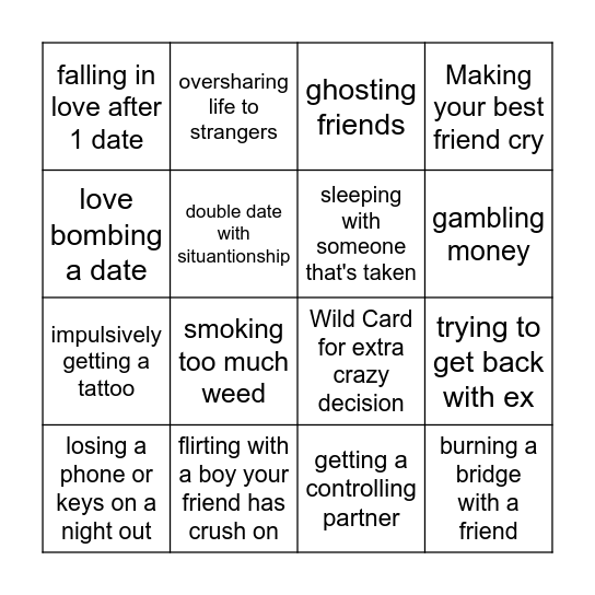 Bad life decisions of Francy - bingo Card
