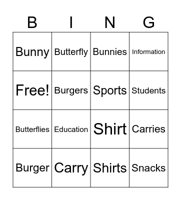 Spelling Bingo Card