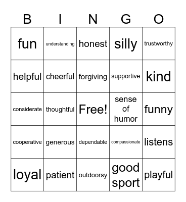 Friendship Bingo Card