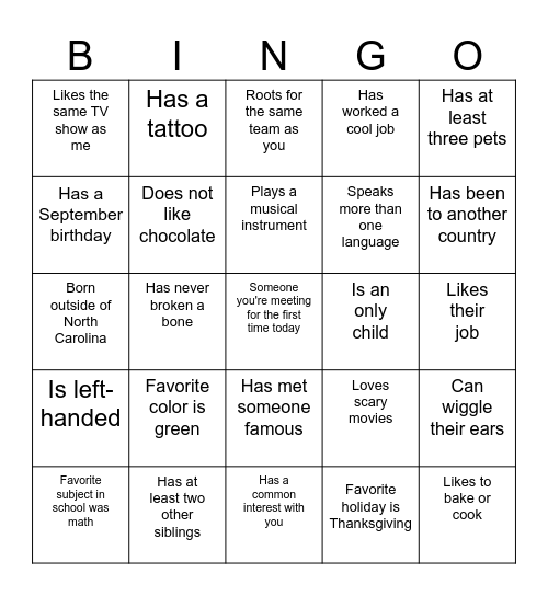 Get to Know You Bingo Card