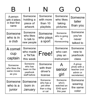 Yearbook Bingo Card