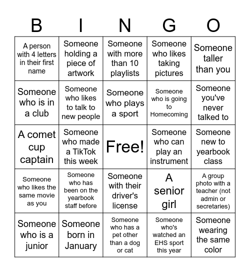 Yearbook Bingo Card