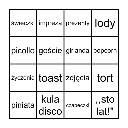 Urodziny Bingo Card