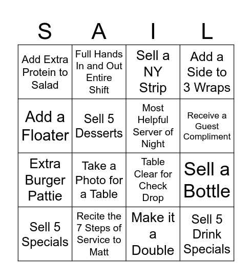 Sailfish Grille Bingo Card