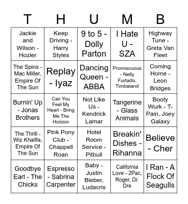 Jen's Top 25 Bingo Card