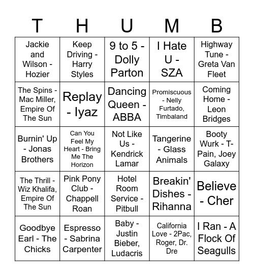 Jen's Top 25 Bingo Card