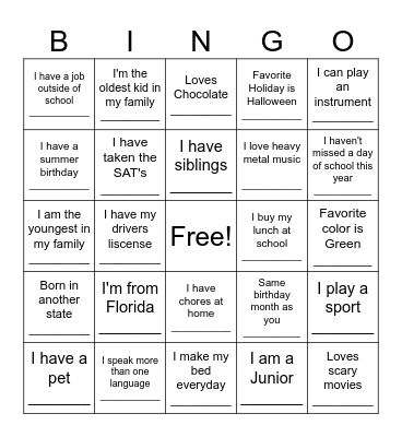 Social Personal Bingo Card