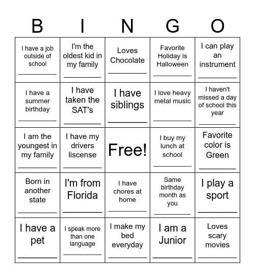 Social Personal Bingo Card