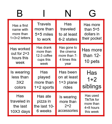 People Math Bingo Card