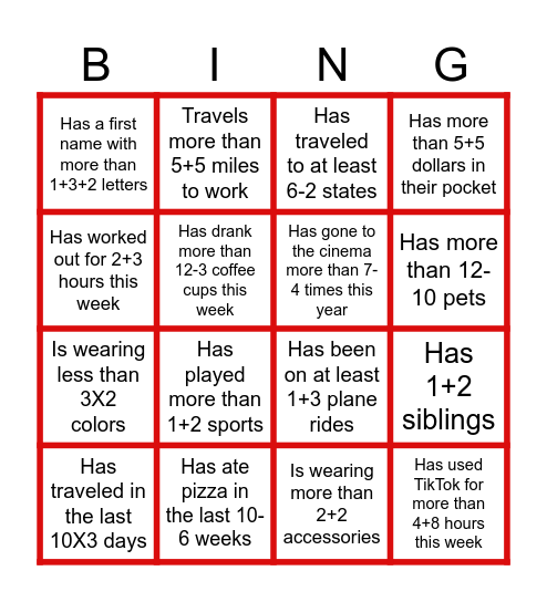 People Math Bingo Card