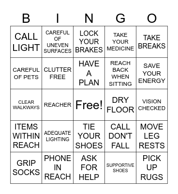 FALL PREVENTION BINGO Card
