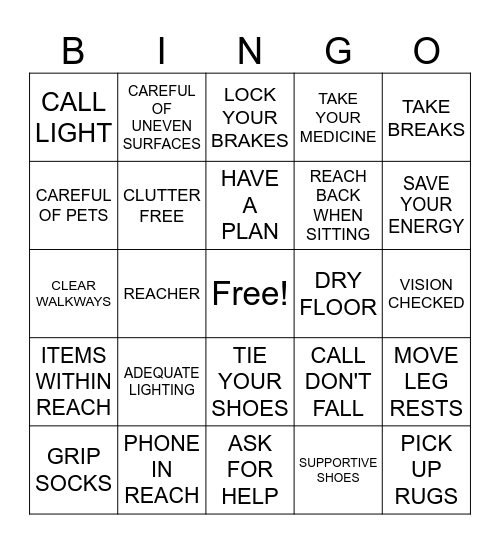 FALL PREVENTION BINGO Card