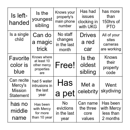 Mercy Housing Bingo Card