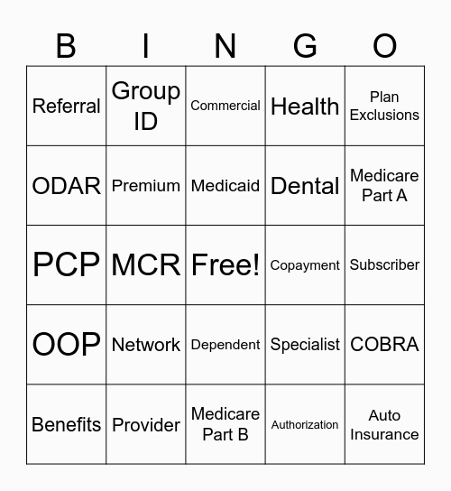 Health Insurance Bingo Card