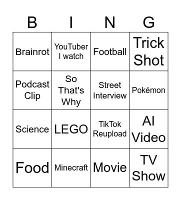 YouTube Shorts BINGO Card