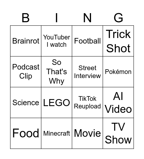 YouTube Shorts BINGO Card