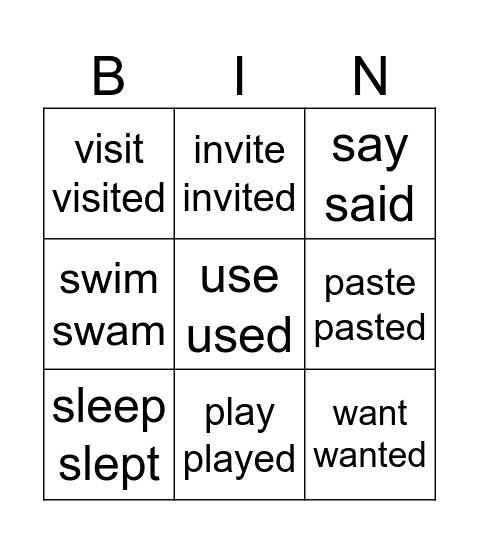 Lottery of Verbs Bingo Card
