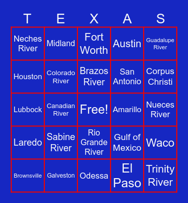 Texas Cities and Rivers Bingo Card