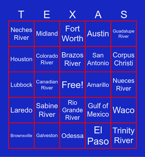 Texas Cities and Rivers Bingo Card