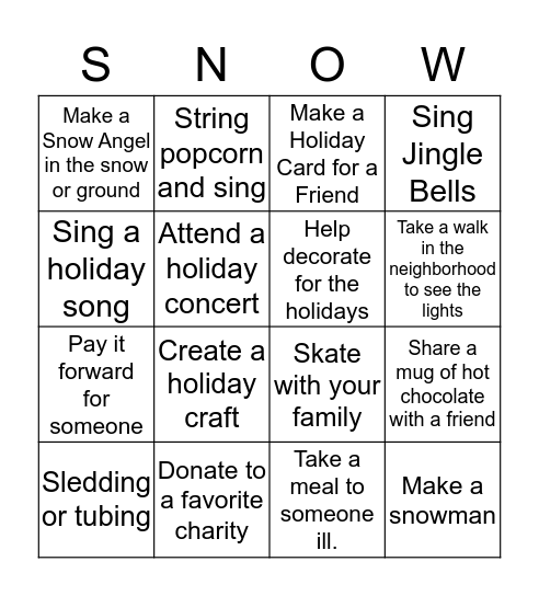 Snow Bingo Card