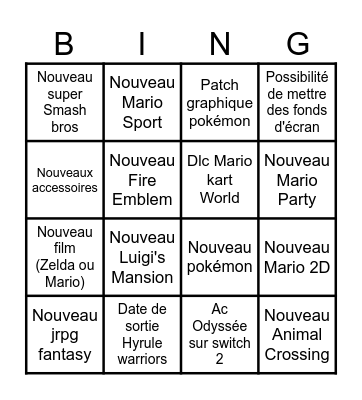 Nintendo direct Bingo Card