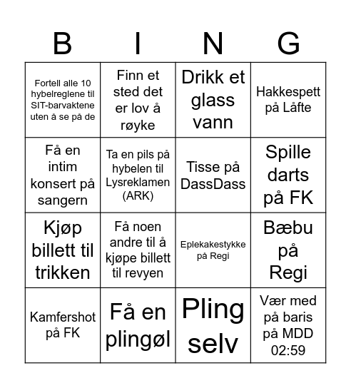 Hybelsafari Bingo Card