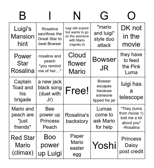 The Mario Galaxy Movie Bingo Card