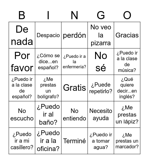 Las frases útiles para la clase Bingo Card