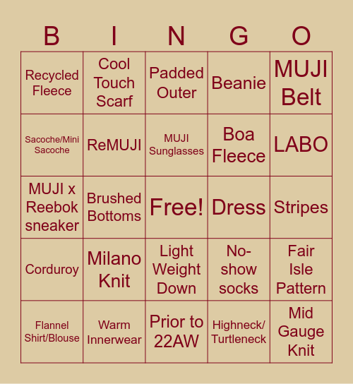 Which MUJI garment are you wearing? Bingo Card