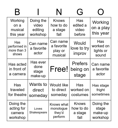 Backstage Bingo Card