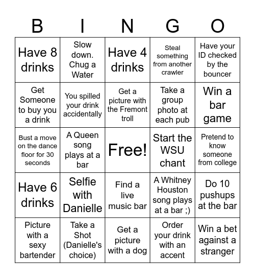 Danielle's 40th Birthday Party Bar Crawl Bingo Card