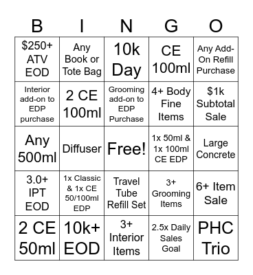 September Incentive Bingo Card