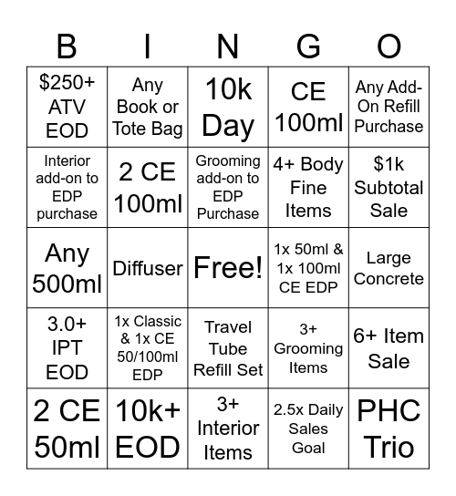 September Incentive Bingo Card