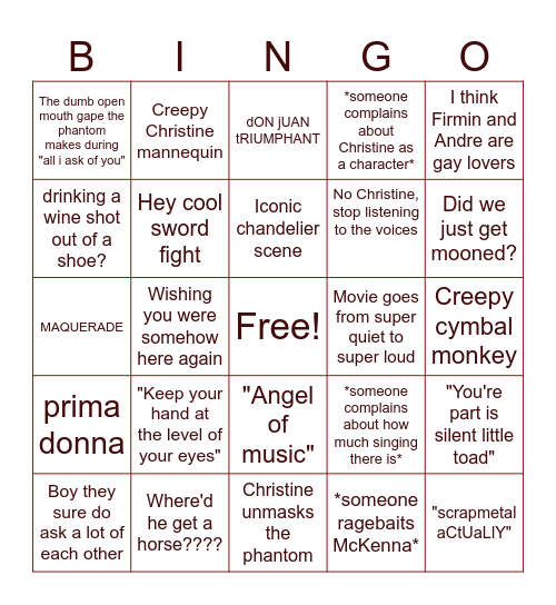 Phantom of the Opera Bingo Card