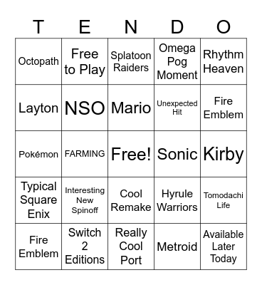 Chicken Tendo Bingo Card
