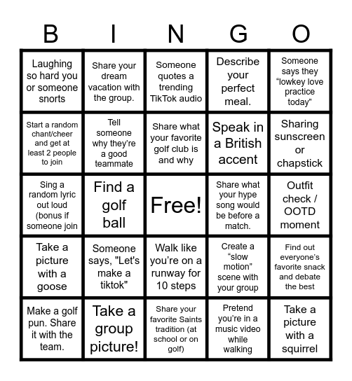 Girls' Golf Fun Friday Bingo Card