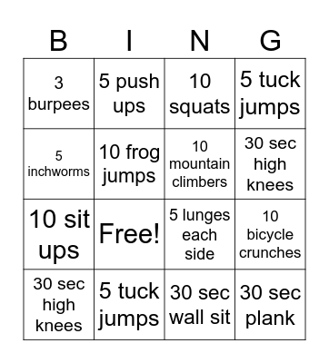 Fitness Bingo Card