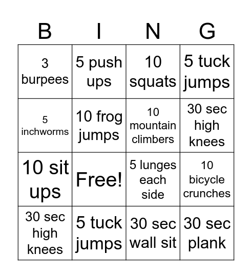 Fitness Bingo Card